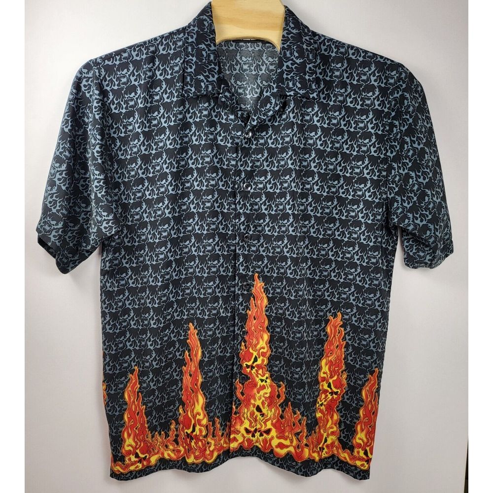 ODO Skull Flames Button Up Short Sleeve‎ Mens Fire Y2K Bowling Shirt size XLarge